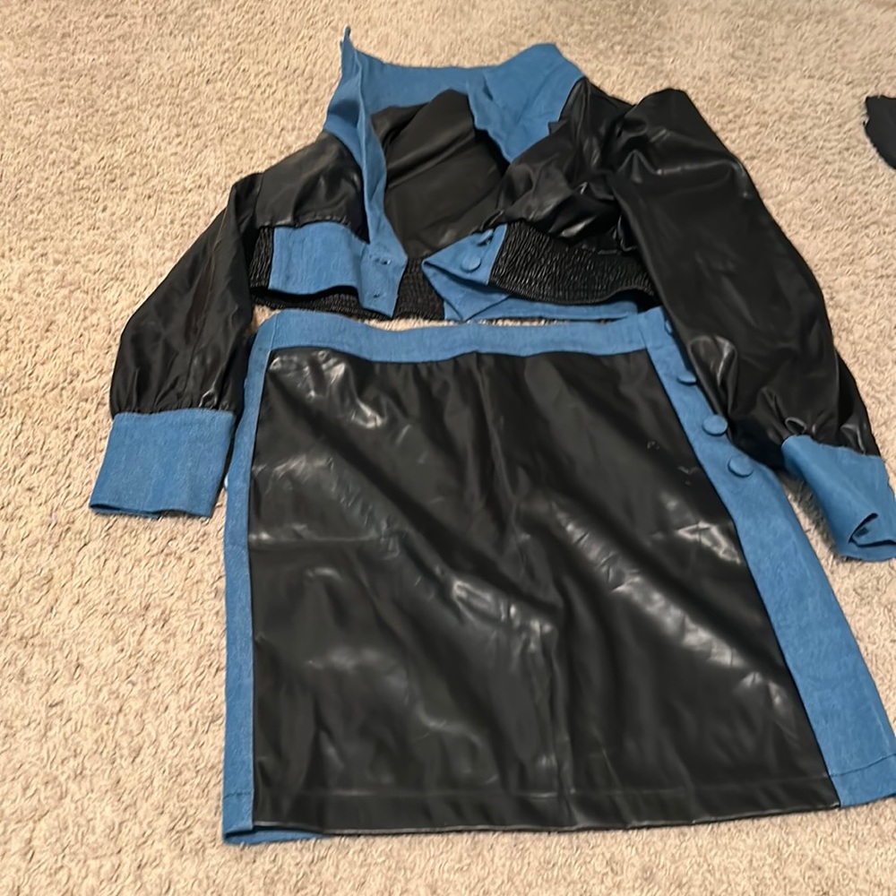 blue and black leather like skirt set